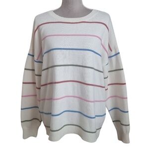 In February Preppy Striped Crewneck Sweater Oversized Soft Knit White Sz L